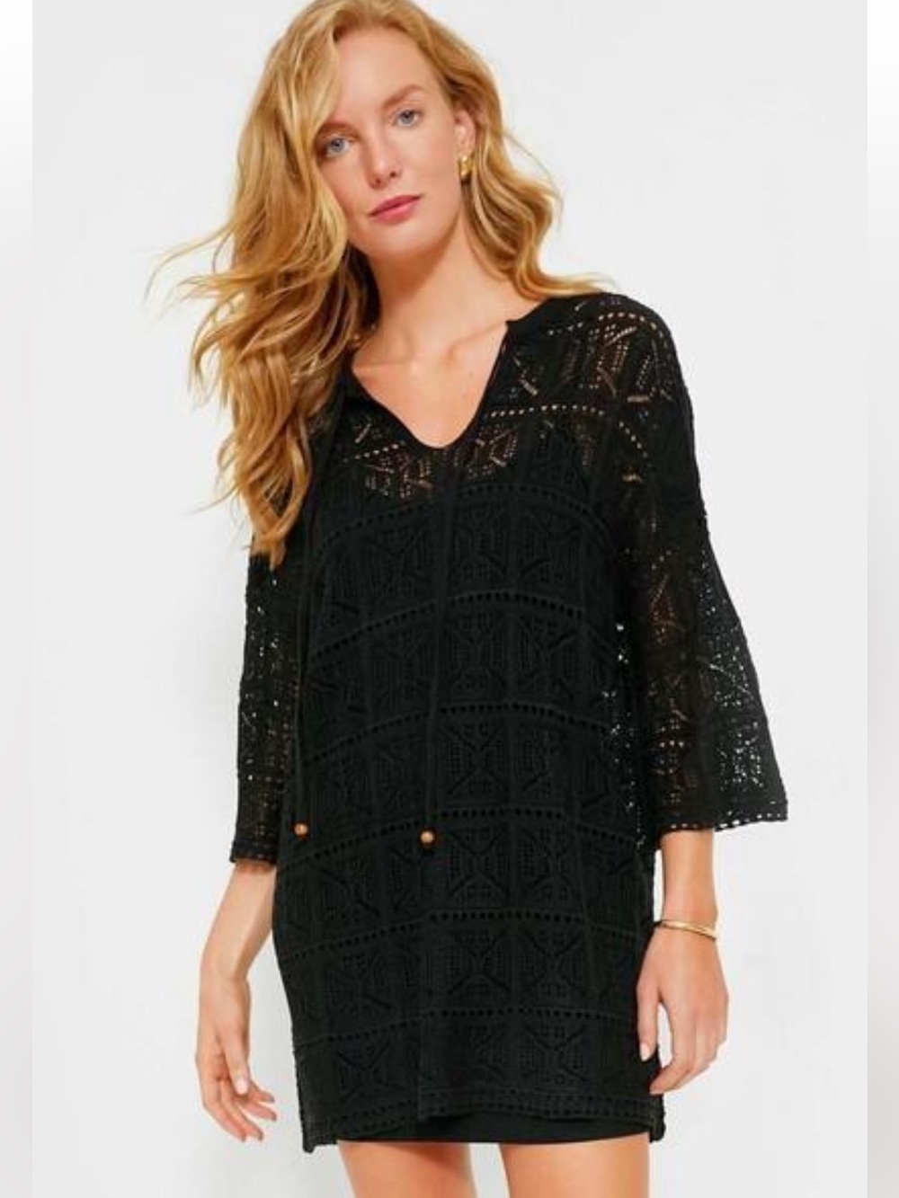 Pomander Place Kai Black Knit Crochet Boho Mini Dress Size Small NWT